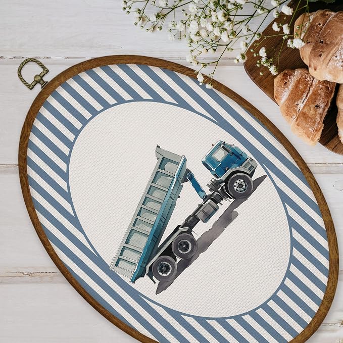 WULQYING Boy Nursery Dump Truck Wall Art Decor, Boys Room Oval Framed Canvas Art Prints, Blue Striped Construction Vehicle Wall Hanging Decor for Kids Boys Room Bedroom Playroom, 8.6x11.4 Inches