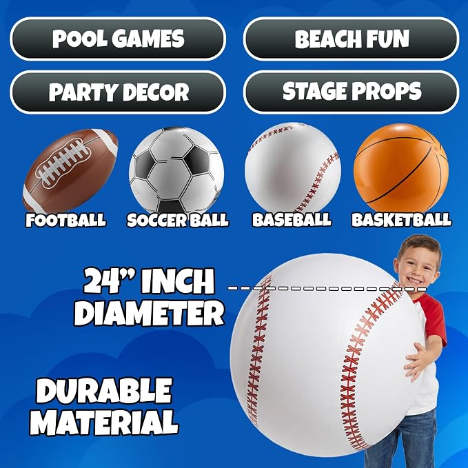24-Inch Giant Beach Balls - (4-Pack) Extra Large Inflatable Sports Pool Ball Variety - Basketball Football Soccer Baseball - Oversized Beach Balls for Kids Summer Parties & Sports Theme Decorations