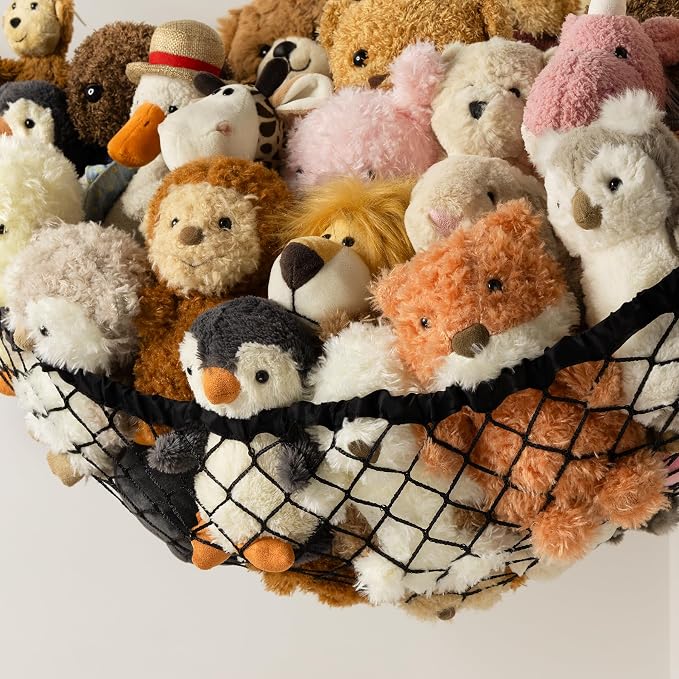 Stuffed Animal Storage Hammock Net Corner - Large Toy Hammock Net for Stuffed Animals Room Decor - Cute Stuff Animal Organizer Holder for Plush Plushie - Kids Baby Nursery Wall Bedroom Home Decor