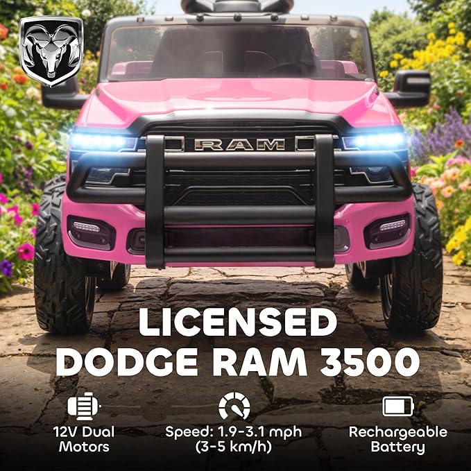 Qaba 12V Kids Ride on Car, Licensed Dodge RAM 3500 Electric Car for Kids with Dual Motors, Parent Remote Control, Rear Suspension, Power Display, Bluetooth Music and LED Lights, Pink