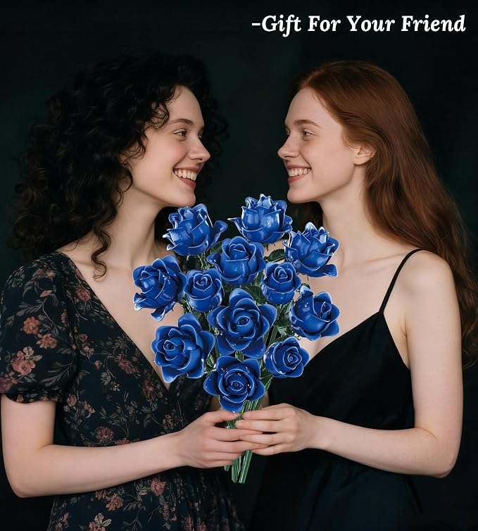 Blue Roses Flower Bouquet Building Set, Compatible with Lego Flowers, Artificial Flowers Botanical Collection Gift for Halloween Gothic Retro Home Decor