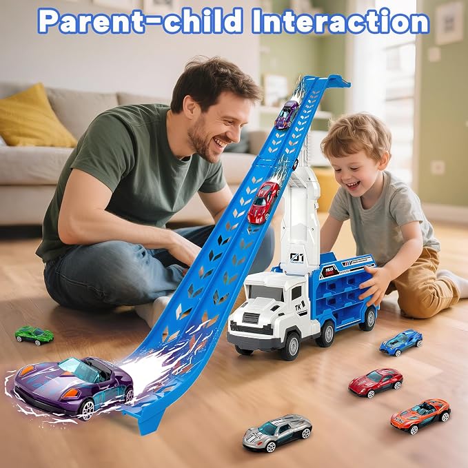 BainGesk Truck Car Toys for 3, 4, 5, 6 Years Old Boys Girls, 25 in Race Track Truck Toys, Foldable 2 Layer Carrier Transport Car with 6 Metal Cars, Birthday Toys Gifts for Toddler