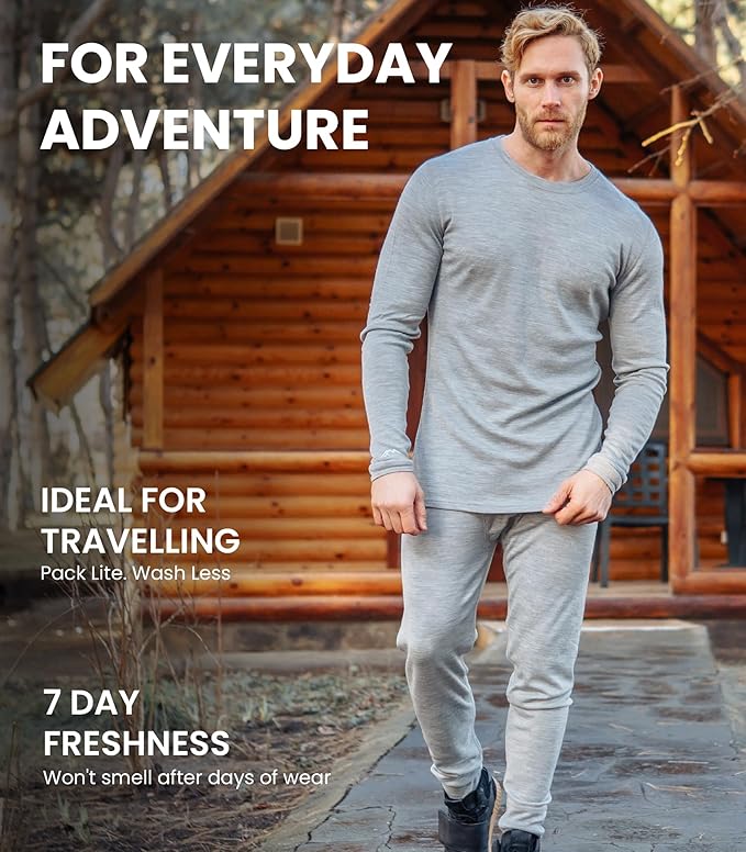 Merino.tech Merino Wool Base Layer Mens Set - Heavyweight, Midweight, Lite Merino Wool Thermal Underwear For Men Top, Bottom