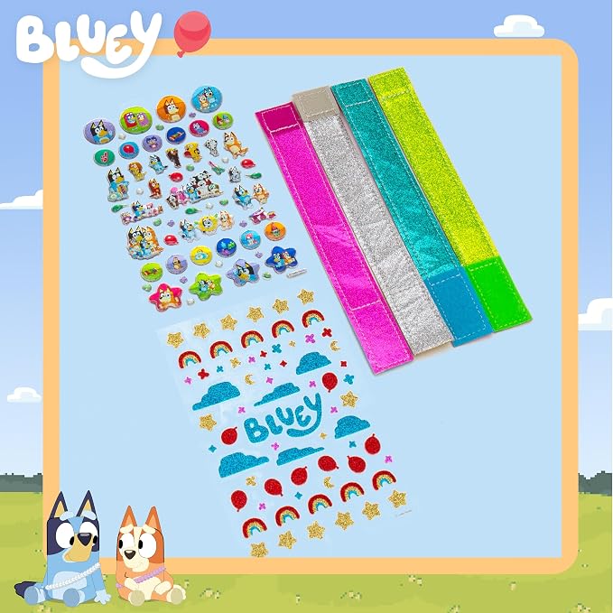 Bluey Sparkle Bracelet Making Kit, 4 Reversible Bracelets with Easy Closure, 100+ Traditional and Puffy Resin Stickers, DIY Bluey Jewelry, Arts and Crafts for Kids Age 8-12, Toddler Gifts