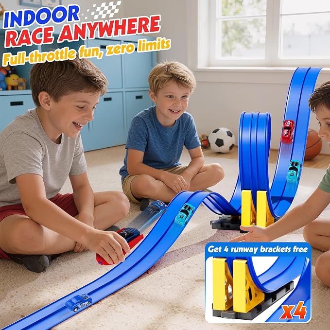 16-Ft Flexible Race Track Set for Kids, DIY Roll-Up Racetrack with 2 Launchers & 6 Mini Cars, Suction-Cup Portable Track Compatible with 1:64 Die-Cast Cars, Indoor & Outdoor Gift for Boys Girls 3+