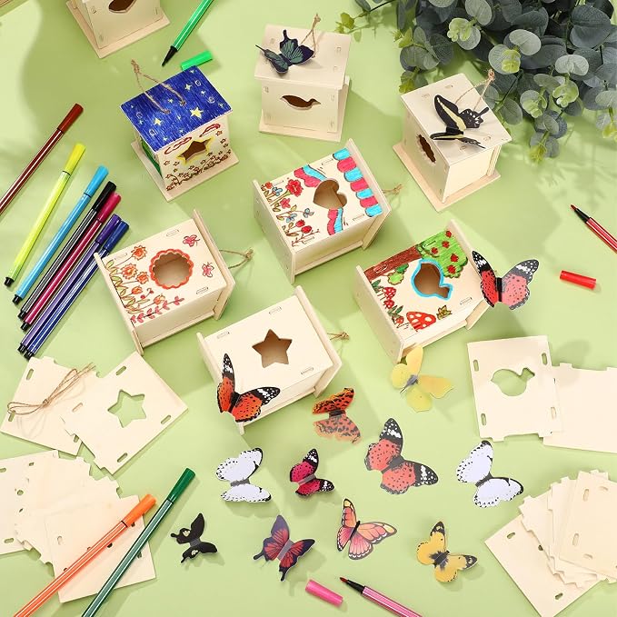 Outus 24 Pcs Wooden DIY Birdhouse Kits for Kids to Build, 4 Shapes Birdhouse Kit Wooden Unfinished with Butterfly Sticker for Boy Girl Arts Crafts(Classic)