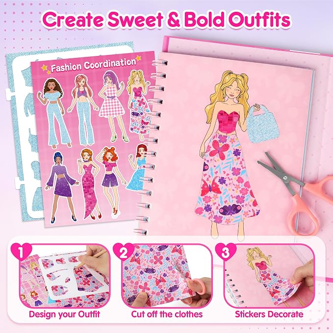 Mocoosy Makeup Art Craft for kids Ages 4-8, Pretend Play Makeup Coloring Activity Book with Stickers, Fashion Design Sketchbook, Travel Game Airplane Car Road Trip Toy Birthday Gift for Girl 5 6 7 8 9