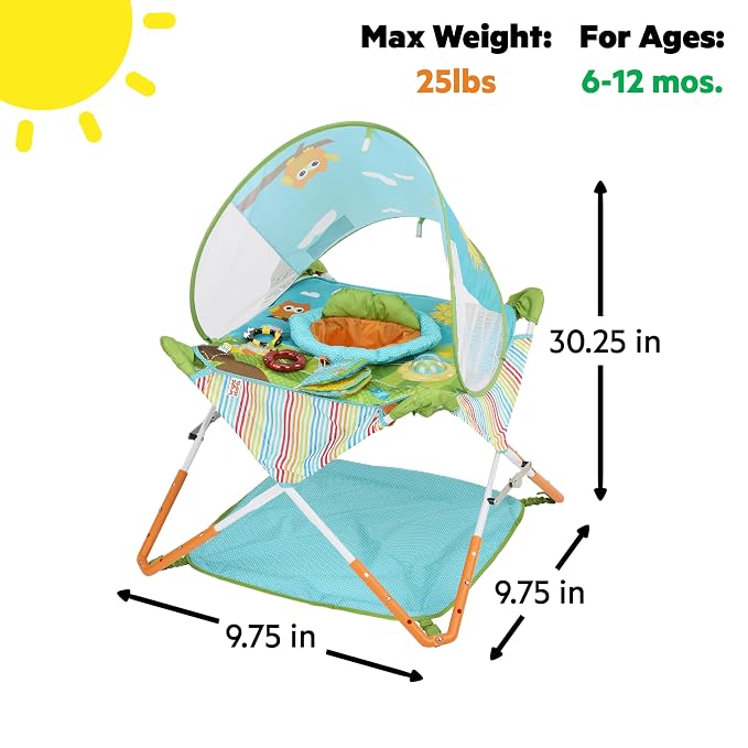 Bright Starts Pop 'N Jump Portable Baby Jumper, Foldable Indoor/Outdoor Baby Jumper with Owl Forest Sensory Activities, Ages 6–12 Months