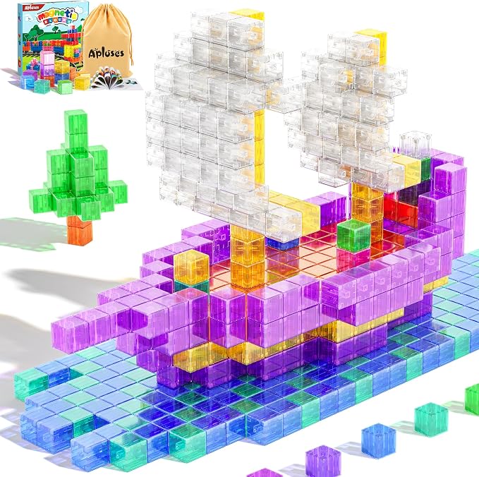 Apluses Magnetic Blocks Building Toys - Transparent Rainbow Magnetic Cubes Set, Outdoor Sensory Autism STEM Toys Gifts for Kids Aged 3+ Year Old Boys & Girls