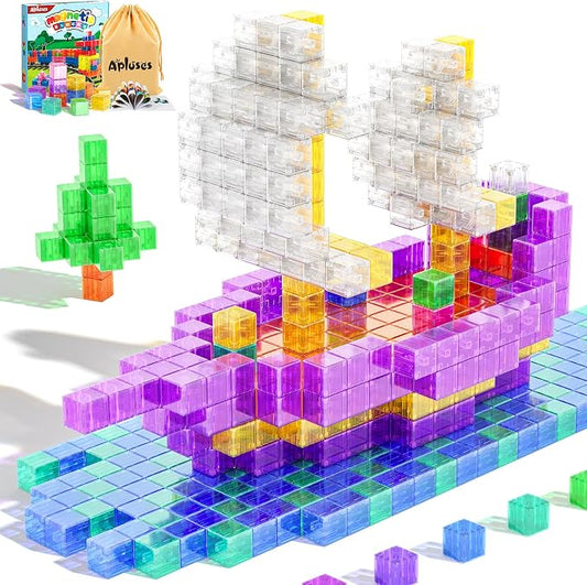 Apluses Magnetic Blocks Building Toys - Transparent Rainbow Magnetic Cubes Set, Outdoor Sensory Autism STEM Toys Gifts for Kids Aged 3+ Year Old Boys & Girls
