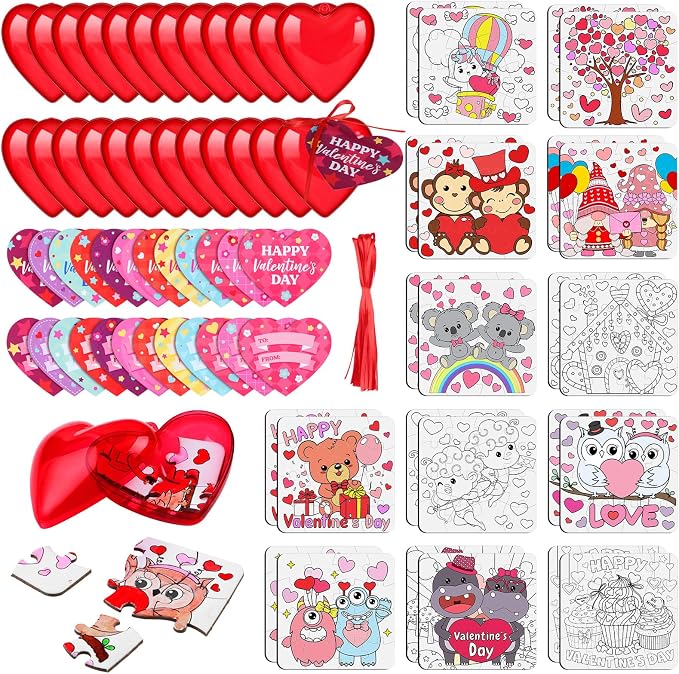 Realspring 24 Set Valentine Puzzles Gifts for Kids Include 24 DIY Color Your Own Valentine‘S Day Jigsaw Puzzles 24 Red Heart Eggs Card for Classroom Reward Exchange Gift Jigsaw Toys Birthday