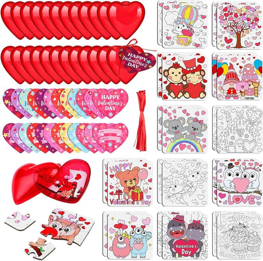 Realspring 24 Set Valentine Puzzles Gifts for Kids Include 24 DIY Color Your Own Valentine‘S Day Jigsaw Puzzles 24 Red Heart Eggs Card for Classroom Reward Exchange Gift Jigsaw Toys Birthday