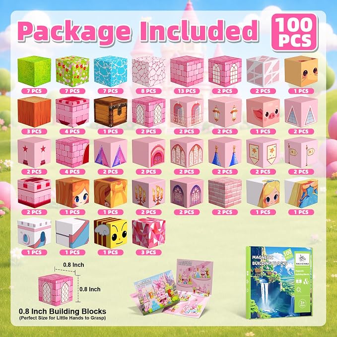 100PCS Magnetic Blocks, Magnetic Building Cube Set for Kids Ages 3+, Constructions STEM Stacking Tiles Toy Building Birthday Gifts for Girls