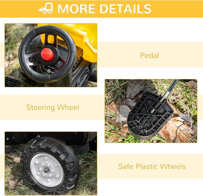 Aosom Ride On Excavator with Manual Control Bucket, No Power Ride on Tractor Pedal Car Pretend Play with Forward Backward, for Aged 3-6 Years Old, Yellow