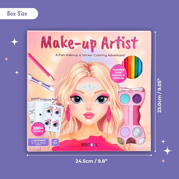 BSCOOL Make-up Artist. 3 in 1 Fun Makeup, Sticker, Coloring Kit, Includes Color Pencils, Makeup Palette, and 200+ Stickers. for Girls Ages 5,6,7,8. Make Up Style Coloring Book. Gift for Girls