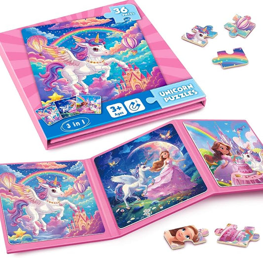 Magnetic Jigsaw Puzzles for Toddlers Kids 3-8 Girls,(3 36-Pieces) Travel Puzzles Toys for Kids Ages 4-6,Take-Along Car Airplane Road Trip Activities Game for 3 4 5 6 7 8 Year Old Birthday Gift