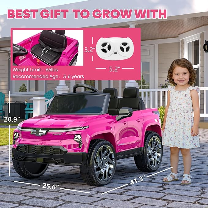 24V Licensed Chevrolet Silverado EV Electric Car for Kids, Ride on Toys for Toddlers with Remote Control, Soft Start, Wide Seat, 3 Speed, LED Lights, Music Player, Birthday Gift, Pink