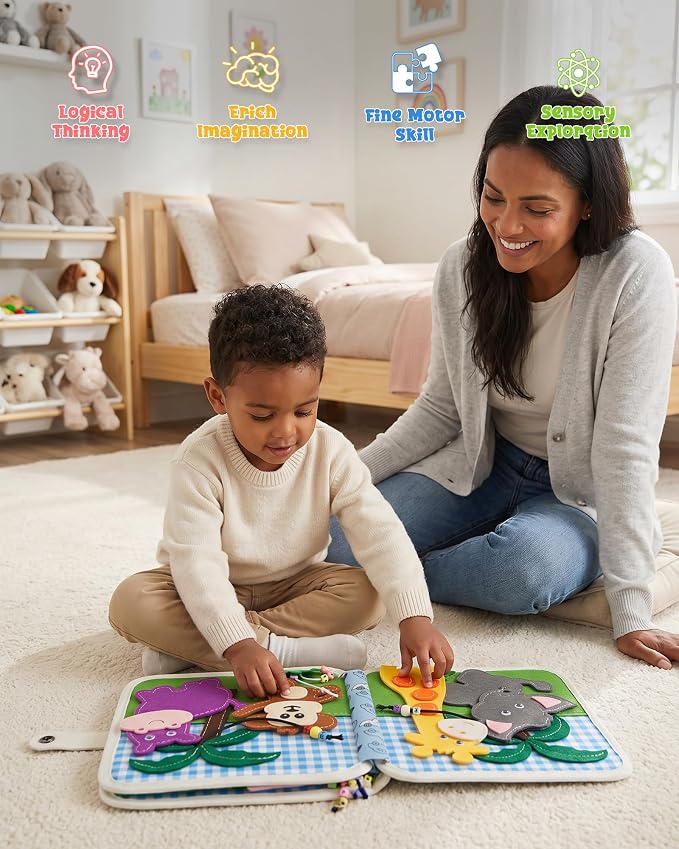 Montessori Busy Book for Toddlers, 8-Page Sensory Activity Book for Fine Motor Skills & Basic Dress Learning, Portable Travel Toy for Preschool Kids, Birthday Gift for Boys and Girls (Lion)