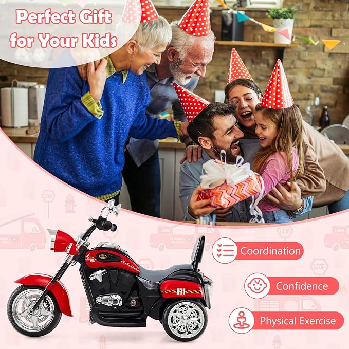 Costzon Kids Motorcycle, 6V Battery Powered Ride on Chopper Motorcycle w/Horn, Headlight, 3-Wheel Stable Ride on Toys, Electric Toddler Motorcycle for Kids, Gift for Boys Girls (Fire Red)