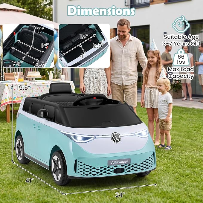 Costzon Ride on Car, 12V Licensed Volkswagen Kids Car Bus with Storage Compartment, Music, Story, Spring Suspension, LED Headlights, Electric Vehicles for Boys Girls Aged 3-7 (Aqua Blue)