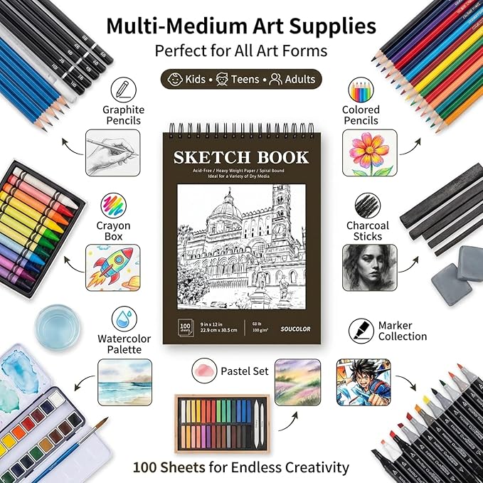 Soucolor Artist 9x12 Sketch Book Set, 4 Pack 100-Sheet Spiral Drawing Pads (68lb/100gsm) | Acid-Free Drawing Paper for Adults Art Supplies, Charcoal, Graphite, Pastel Pencils & Sticks