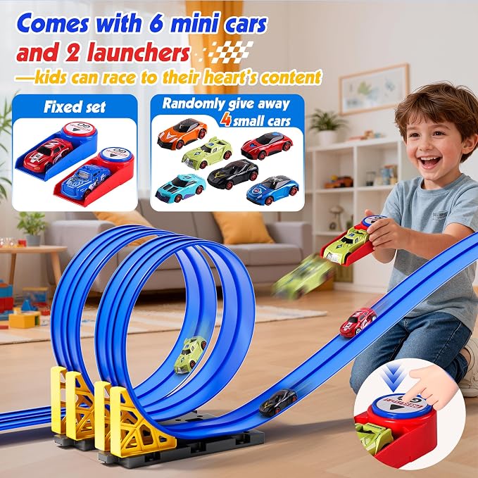 16-Ft Flexible Race Track Set for Kids, DIY Roll-Up Racetrack with 2 Launchers & 6 Mini Cars, Suction-Cup Portable Track Compatible with 1:64 Die-Cast Cars, Indoor & Outdoor Gift for Boys Girls 3+