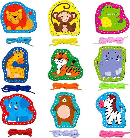 SpriteGru 9 Pieces Kids Lacing Cards, Double Sided Sewing Cards in 9 Wild Animals with 9 Colorful Laces, Imagination Development Lacing Toys Games for Children Educational and Learning Activity
