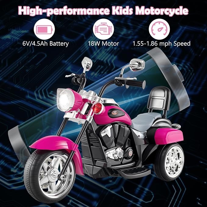 Costzon Kids Motorcycle, 6V Battery Powered Ride on Chopper Motorcycle w/Horn, Headlight, 3-Wheel Stable Ride on Toys, Electric Toddler Motorcycle for Kids, Gift for Boys Girls (Rose Red)