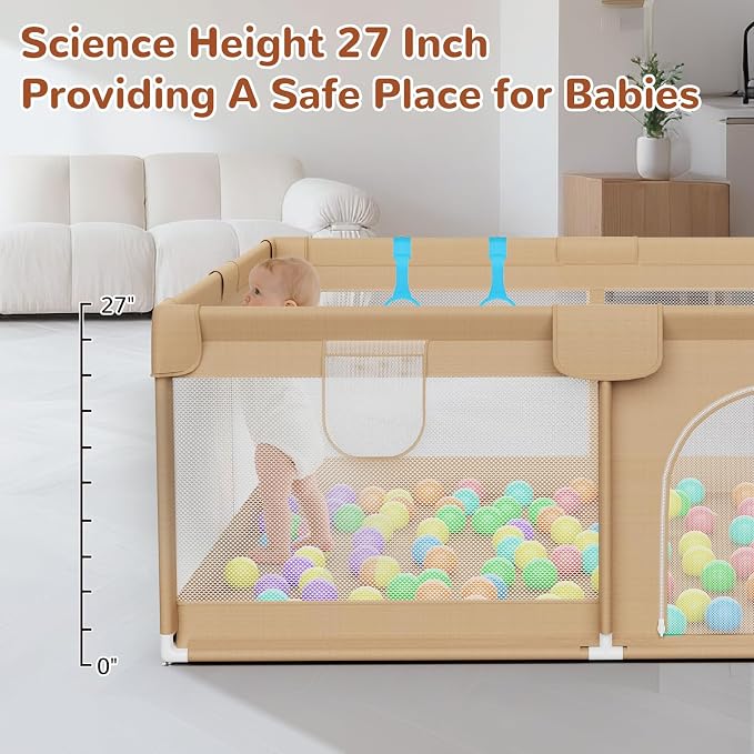71x59 Playpen for Babies and Toddlers - Extra Large Baby Fence Play Area with Travel Bag Plus 50 Pit Balls & Pull Rings - Portable Infant Play Yard Indoor Outdoor Baby Gate Activity Center(Khaki)