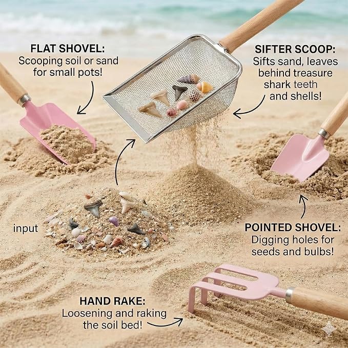 Beach Sand Toys for Kids Toddlers Made of Metal with Sturdy Wooden Handle, Sifter & Shell Clipping Tongs, Mesh Scooper for Digging, Sifting Shells, Shark Tooth Sifter Dipper, Kids Gardening Tools