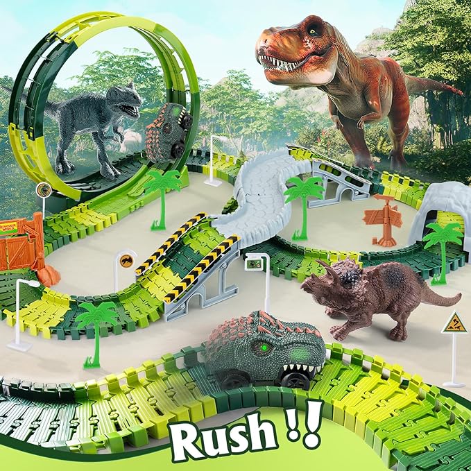 173 PCS Dinosaur Race Tracks for Kids Toys, Glow in The Dark Magic Toy Set with 360° Loop Ramp, 1 Dinosaur Car Track, 2 Realistic Dinosaurs, Flexible DIY Track Set, Gift for Boys Girls Age 3-9