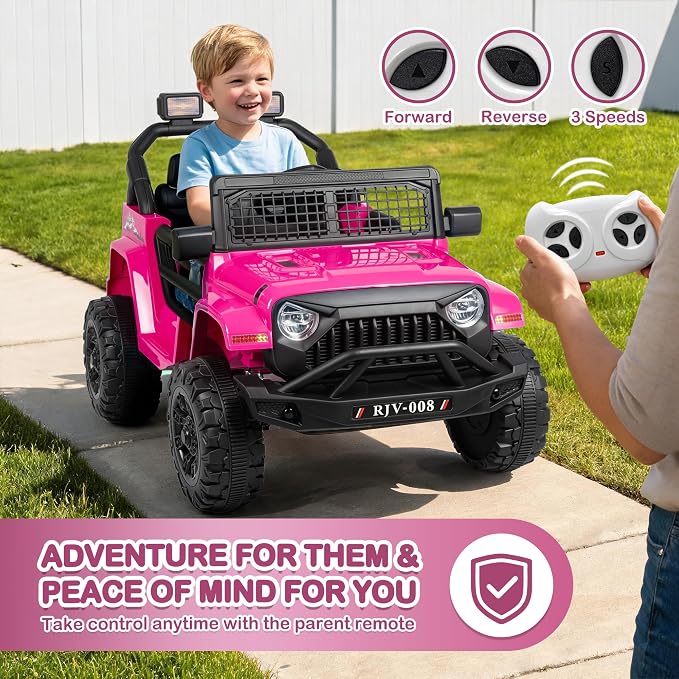 12V 7AH Kids Ride-On Truck Jeep, Electric Car with Parent Remote Control, Spring Suspension, LED Lights, Bluetooth, Music, Pink