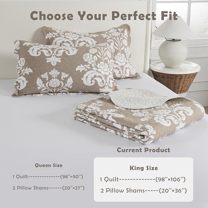 King Size Bedding Set - 3-Piece Lightweight Reversible Quilt Set in Cotton, Farmhouse Floral, Khaki, for All Seasons