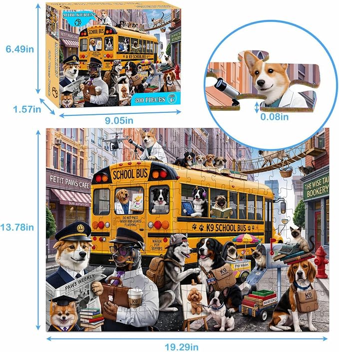 Puzzles for Kids Ages 6-8 8-10 Year Old - Colorful Bus Dog Puzzle, 200 Pieces Jigsaw Puzzles for Kids, Learning Educational Toys for Boys and Girls