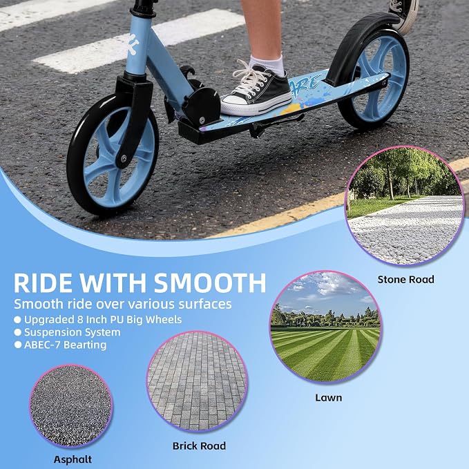 FREEDARE Kick Scooter for Kids & Adults Ages 8+, Foldable Teen Scooter with 2 Big 8-inch Wheels and 4-Level Adjustable Handlebar, Max Load 220 LBS