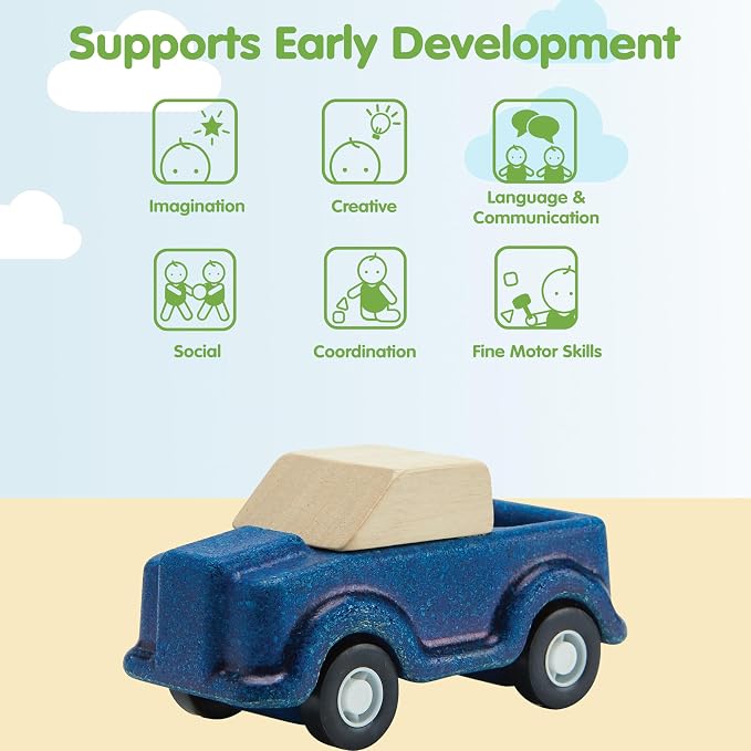 PlanToys® Blue Truck Wooden Montessori Vehicle Toy | Early Movement, Imagination and Practical Life Exploration | Eco Friendly Truck for Indoor and Outdoor Play