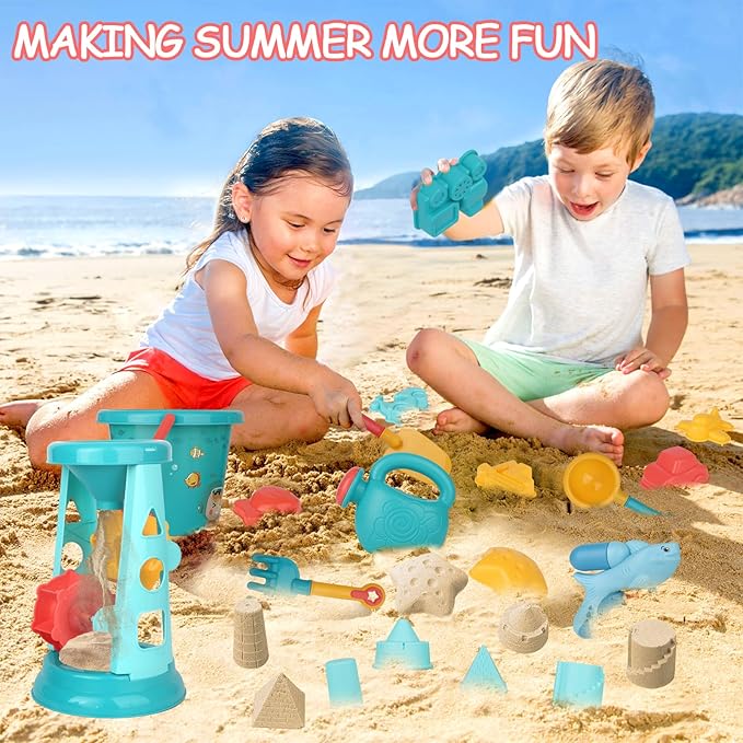LUCKFUTURE Beach Toys, 25 Pcs Sand Toys Set for Kids Including Water Gun, Sifting Funnel, Bucket, Watering Can, Sand Molds & Mesh Beach Toy Bag, Sandbox Toys for Toddlers 3-12