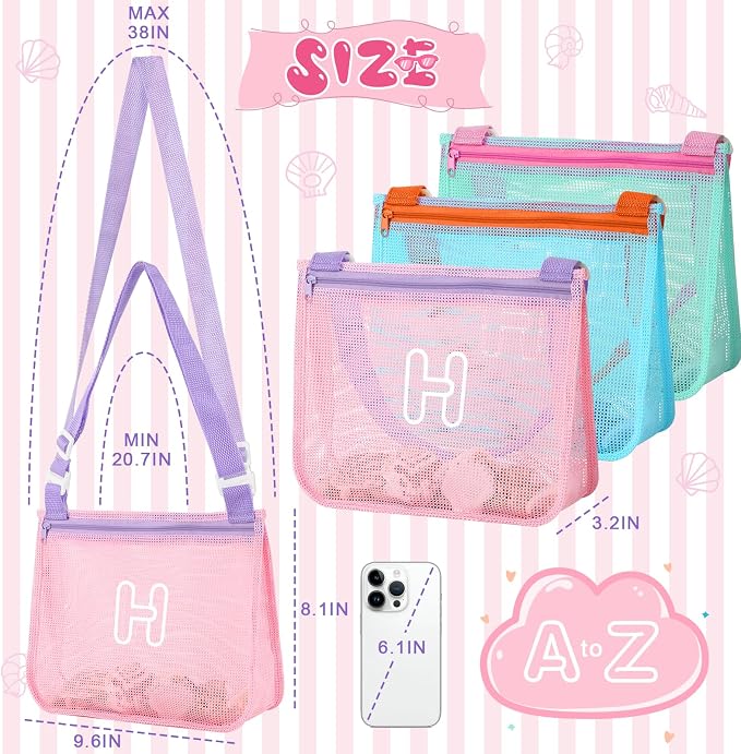3Pcs Personalized Kids Beach Shell Bag, Initial Seashell Mesh Zipper Beach Pouch, Shell Collecting Bag for Holding Shells with Adjustable Straps, Sand Toys Swim Pouch Gift for Girl Boy Teens(Letter H)