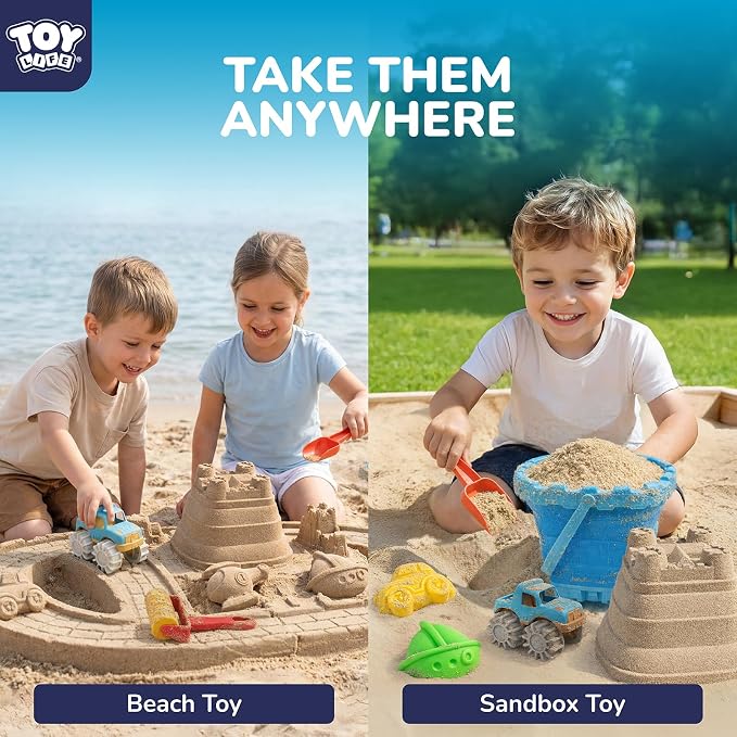 TOY Life Transportation Beach Toys for Kids Ages 3-8, Sand Toys Set with Road Roller, Truck, Vehicle Sand Molds, Collapsible Silicone Bucket, Sand Castle Building Kit for Sandbox Toys Play, Travel