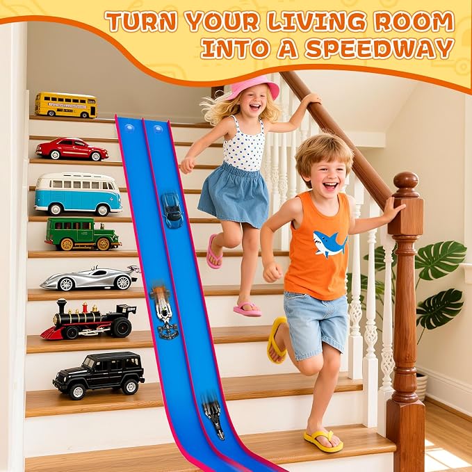 15 Ft Flexible Race Track for Kids – Portable Car Race Track Starter Set with Suction Cups, Rolls Up Easy, Compatible with 1/64 Diecast Cars, Birthday Gift for Boys & Girls Ages 3+ (Blue&Red)