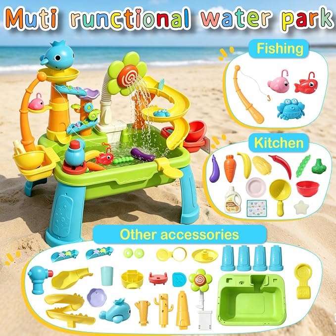 Dergo Upgraded Water Table for Toddlers Toy Set, Kids Sensory Sand Table Play Sink Shower Sprinkler, Summer Birthday Gift STEM Fishing Playset for Boys Girls Ages 3 4 5 6 7