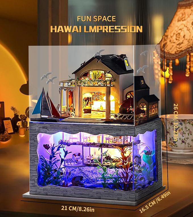 Spilay Miniature Dollhouse Kit with Furniture,DIY Dollhouse Kit Mini Modern Villa Model Plus Dust Cover and Music Box,1:24 Scale Creative Room Idea for Adult Birthday Gift(Hawaii Impression)