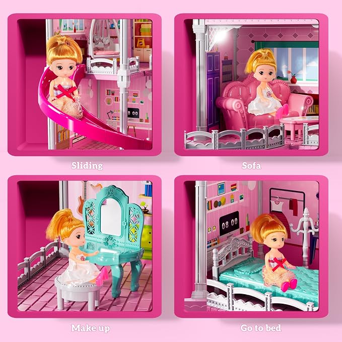JUKUDAHU Villa Playset for Girls Ages 3-7, 3-Story 8 Room House with 2 Dolls, Furniture and Accessories, Indoor Playset Girls Toys for Ages 6-8, Pretend Toddler Toy, Birthday Gifts for Kids 4-8