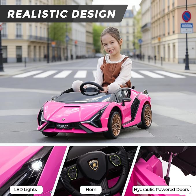 Licensed Lamborghini SIAN Kids Electric Ride On Car by TOBBI, Toddler 12V Battery Powered 4 Wheeler Driving Vehicle Toy with Remote Control/Safety Belt/Horn & LED Lights for Children Age 1-6-Pink