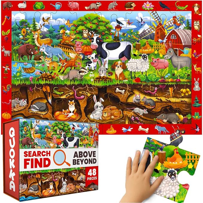 QUOKKA Giant Floor Puzzles for Kids Ages 4-6 – 2x3 Ft Search and Find Jumbo Jigsaw Puzzles for Kids Ages 3-5 – 48 Above and Beyond Farm Animals Scene for 4-8 yo – Toy with Gift Box for Toddlers