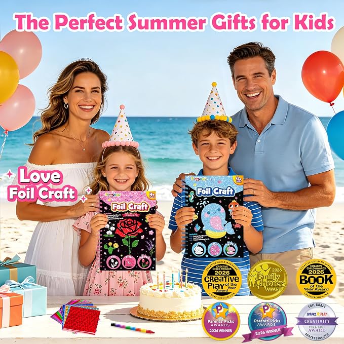 FUNNYB&G Foil Art Craft Kit for Girls 4-10 Years Old: Mess-Free & No-Glue, Create 16 Sparkly Flower Pictures – Perfect Travel Toy & Birthday Gift for Kids(Flower)