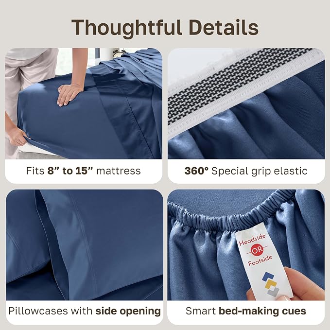 California Design Den Split King Sheets Sets for Adjustable Bed - Luxury Hotel 800 Thread Count Sateen, Natural 100% Cotton Bed Sheets, Deep Pockets & Durable Bedding Set - Classic Blue