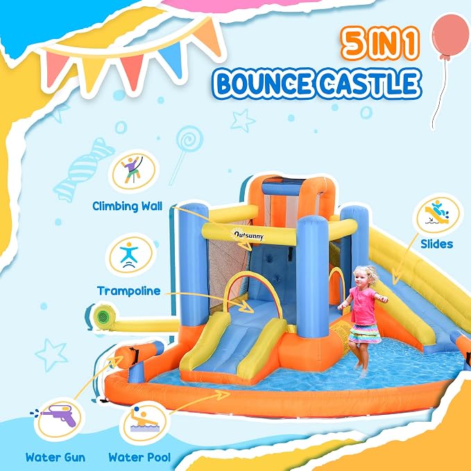 Outsunny Inflatable Water Slide, Kids Bounce House Water Park with Pool, Climbing Wall, Water Cannon, Dual Slides, Trampoline, 5-in-1 Bouncy Castle with Air Blower for Outdoor Indoor Backyard Fun