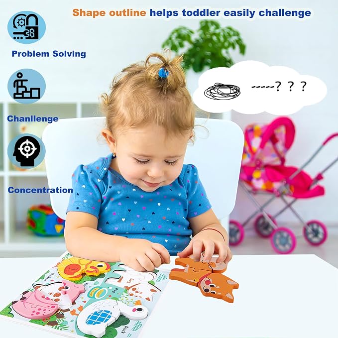 Learning Farm Animal Jigsaw Puzzles for Toddlers, Gifts for 2 3 Years Old Girls Boys,Wooden Montessori Puzzle 2-4, Toddler Toys Educational Toys Kids Ages 1-3