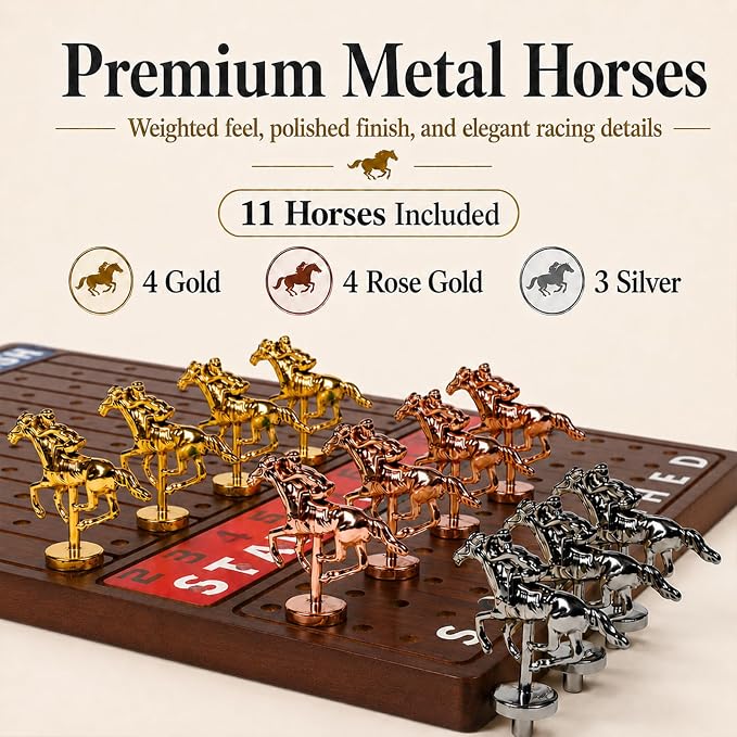 Jyquorp Horse Race Board Game Wooden Kentucky Derby Party Game Set with 11 Metal Horses, 2 Dice & 2 Card Decks, Large Solid Wood Horse Racing Board Game for Family & Adults (15.6" x 10")